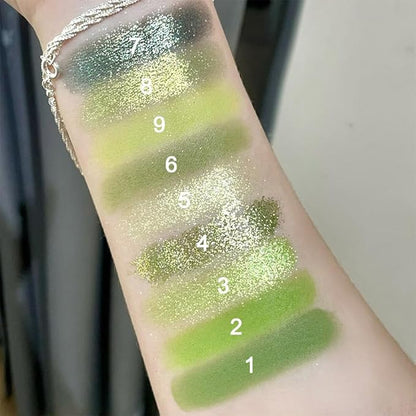 Light Bright Green Glitter Shimmer Eye Shadow Makeup Palette 9 Colors, Emerald Dark Avocado Neon Green Highly Pigmented Matte Glitter Shimmer Pearl Waterproof for woman