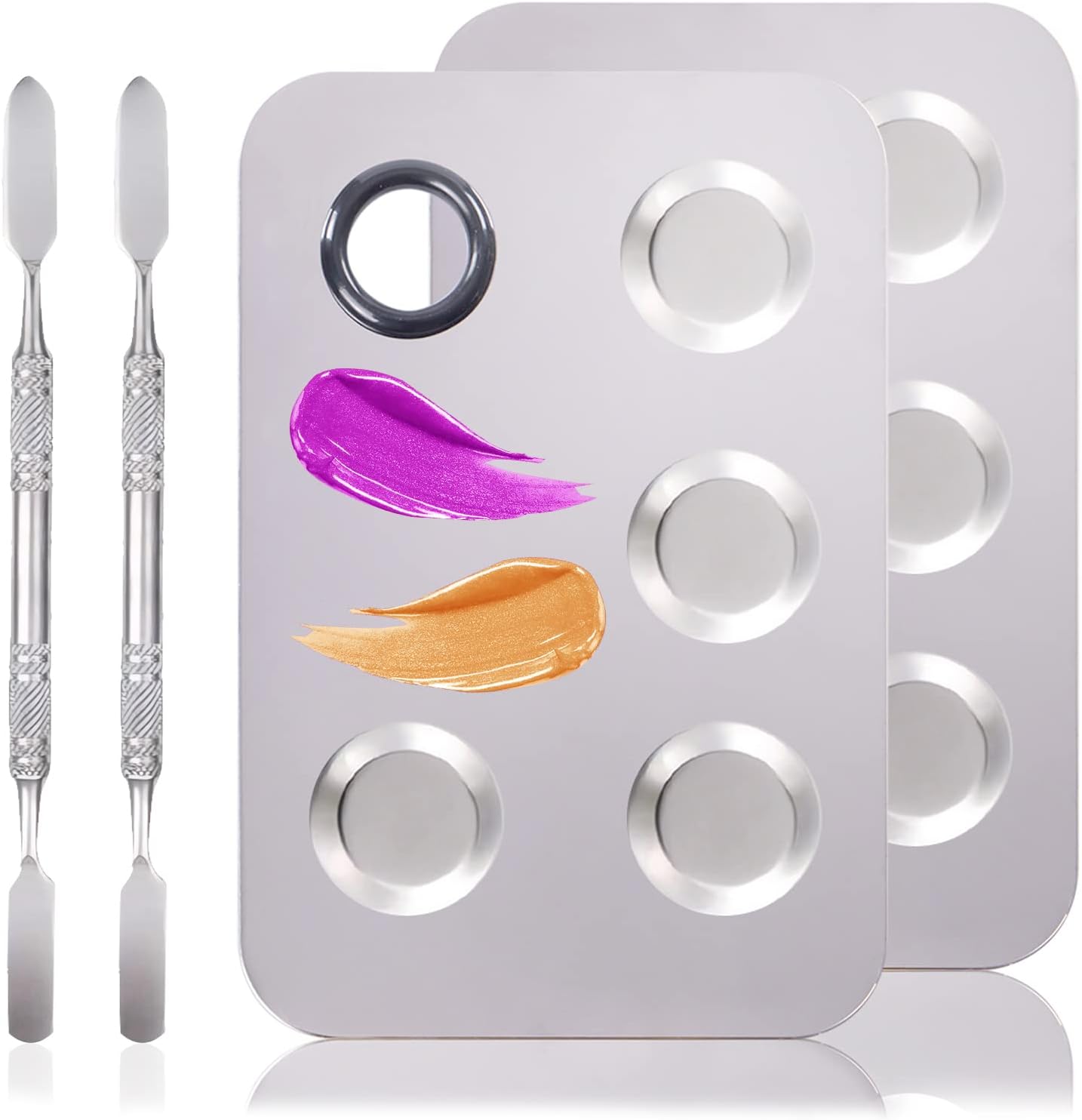 Stainless Steel Metal Makeup Palette with Spatula Artist Tool for Mixing Foundation Nail-Art, Cosmetic Makeup Palette, Makeup Plate, 6×4"/Silver/2pcs