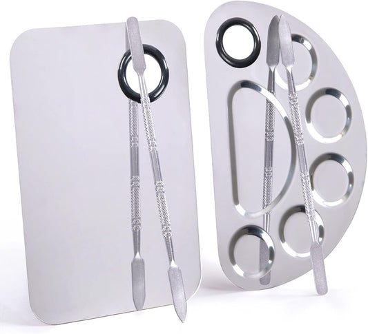 Stainless Steel Metal Makeup Palette with Spatula Artist Tool for Mixing Foundation Nail-Art, Cosmetic Makeup Palette, Makeup Plate, 6×4"/Silver/2pcs