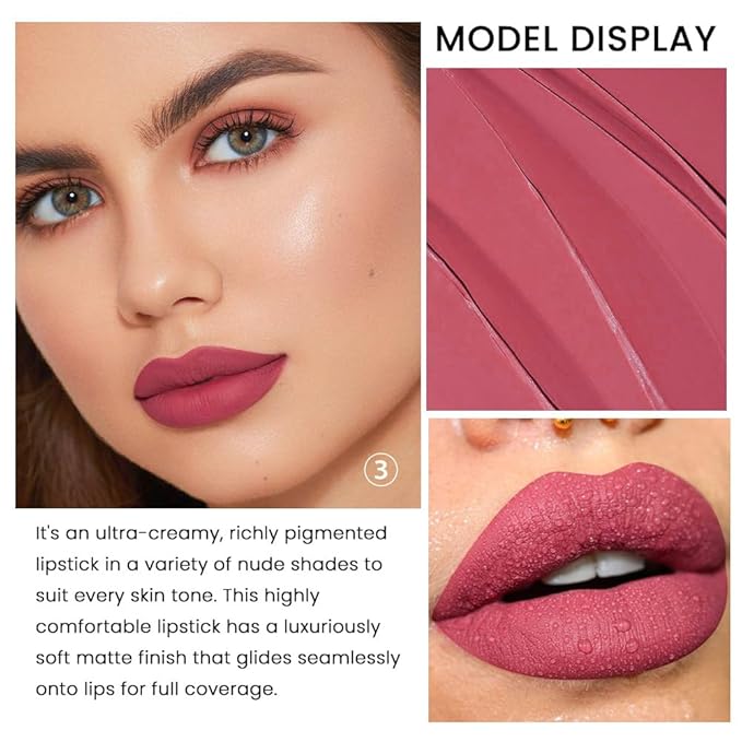 3Pcs Nude Pink Beige Rose Mauve Matte Lipstick Pack Sets for Women Silky Velvet Lipstick Matte Long Lasting Smudge Proof Lipstick Lip Stain Makeup Set Kit matte lipstick 24 hours original 03