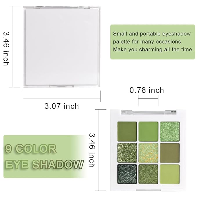 Light Bright Green Glitter Shimmer Eye Shadow Makeup Palette 9 Colors, Emerald Dark Avocado Neon Green Highly Pigmented Matte Glitter Shimmer Pearl Waterproof for woman