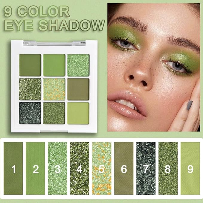 Light Bright Green Glitter Shimmer Eye Shadow Makeup Palette 9 Colors, Emerald Dark Avocado Neon Green Highly Pigmented Matte Glitter Shimmer Pearl Waterproof for woman