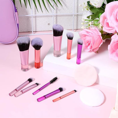 15-Piece Mini Travel Makeup Brush Set with Portable Pouch & Cosmetic Sponges for Face Eyes Lips, Soft Synthetic Hair Brushes Travel Essentials for Women