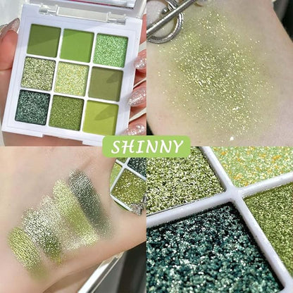 Light Bright Green Glitter Shimmer Eye Shadow Makeup Palette 9 Colors, Emerald Dark Avocado Neon Green Highly Pigmented Matte Glitter Shimmer Pearl Waterproof for woman