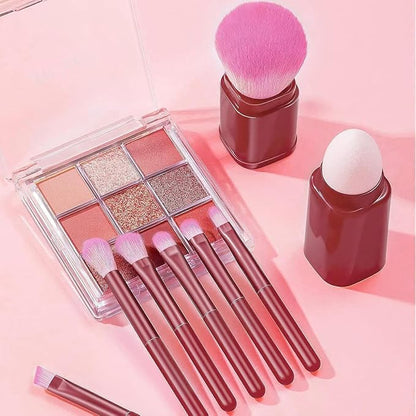 Portable Retractable Makeup Brushes Set 8 in 1 Travel Beauty Sponge All in One Make Up Brushes Set Angled Brush, Lip Brush, Eyeshadow Brush, Foundation Blending Powder Brush (Red)