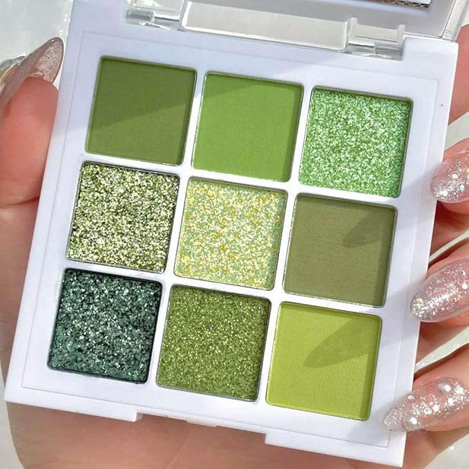 Light Bright Green Glitter Shimmer Eye Shadow Makeup Palette 9 Colors, Emerald Dark Avocado Neon Green Highly Pigmented Matte Glitter Shimmer Pearl Waterproof for woman