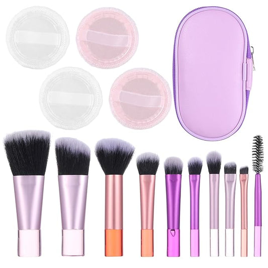 15-Piece Mini Travel Makeup Brush Set with Portable Pouch & Cosmetic Sponges for Face Eyes Lips, Soft Synthetic Hair Brushes Travel Essentials for Women