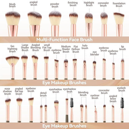 Makeup Brush Set for Foundation Concealer Eyeshadow and Travel, Include Make Up Brush, Sponge, 56PCS Brown