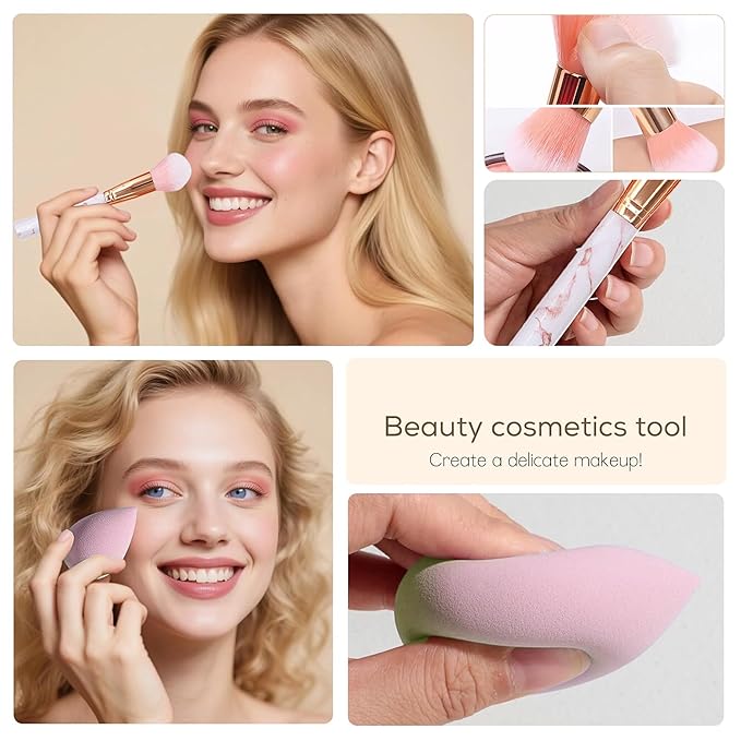 Pink Makeup Brush Set for Girls, Include 18 Pcs Makeup Brush & 12 Pcs Blending Sponge & Mirror Case, Nice for Learning Makeup