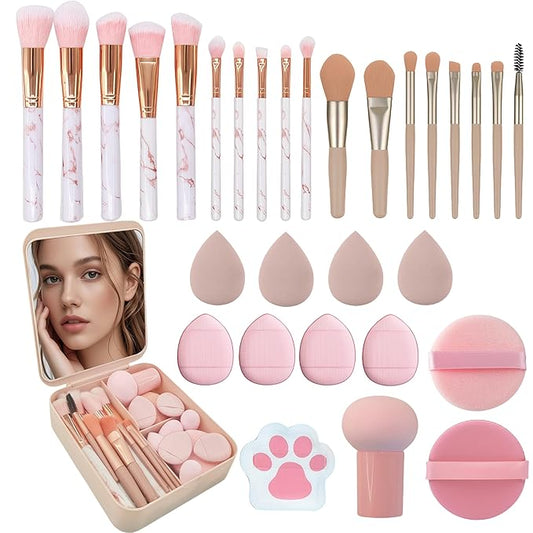Pink Makeup Brush Set for Girls, Include 18 Pcs Makeup Brush & 12 Pcs Blending Sponge & Mirror Case, Nice for Learning Makeup